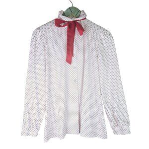 Vintage 1970's Alfred Dunner Polka Dot Bow Button-Down Stretchy Blouse, 18